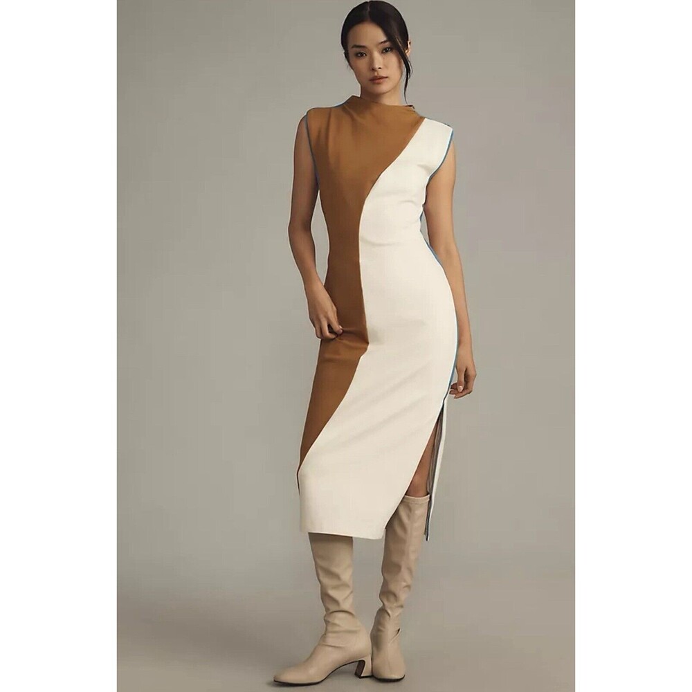 Anthropologie Maeve Midi Dress Muscle Ivory Colorblock Preppy Stretch Sz MP NWT